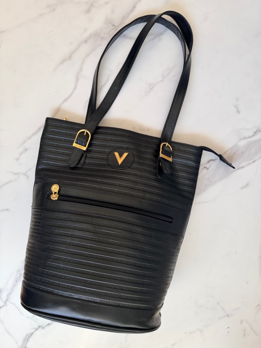 Mario Valentino Black Embossed Leather Bucket Shoulder Bag with Gold V Logo